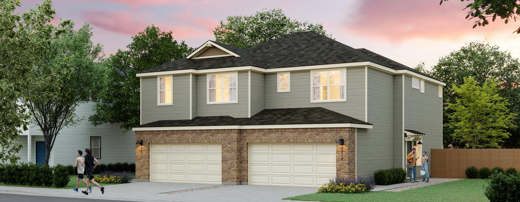 a house with a garage and people walking by it